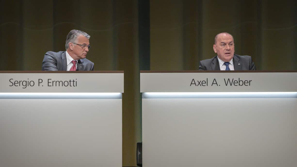 Sergio P. Ermotti, Group Chief Executive Officer of Swiss Bank UBS, left, and Axel A. Weber, Chairman of the Board of Directors of Swiss Bank UBS, right, pictured during the general assembly of the UBS in Basel, Switzerland, on Thursday, May 2, 2019. (KEYSTONE/Georgios Kefalas)
