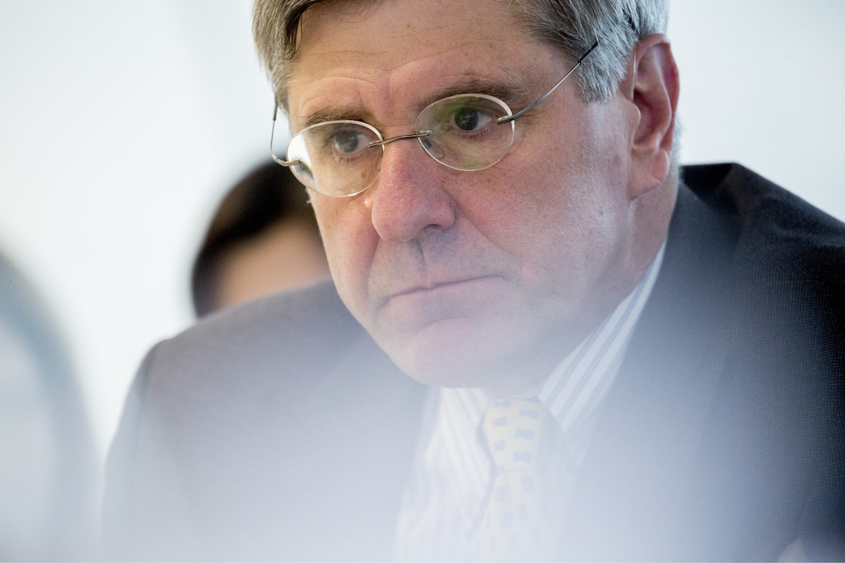 Stephen Moore, visiting fellow at the Heritage Foundation, listens during an interview in Washington, D.C., U.S., on Thursday, May 2, 2019. President Donald Trump's pick for a seat on the Federal Reserve Board said while he would withdraw from consideration if he becomes a liability from what he called a smear campaign, he doesnt think it will come to that. Photographer: Andrew Harrer/Bloomberg