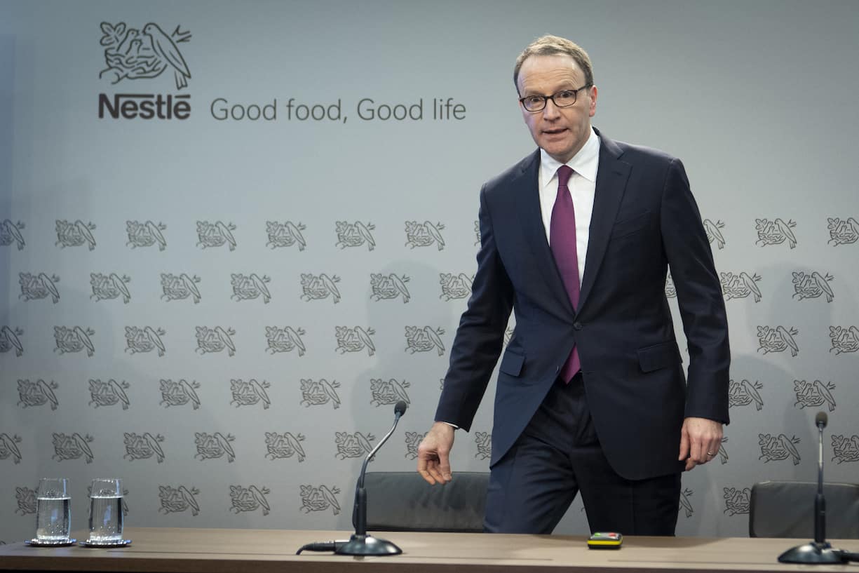 Nestle's CEO Ulf Mark Schneider arrives for the 2019 full-year results press conference of the food and drinks giant Nestle, in Vevey, Switzerland, Thursday, February 13, 2020. (KEYSTONE/Laurent Gillieron)