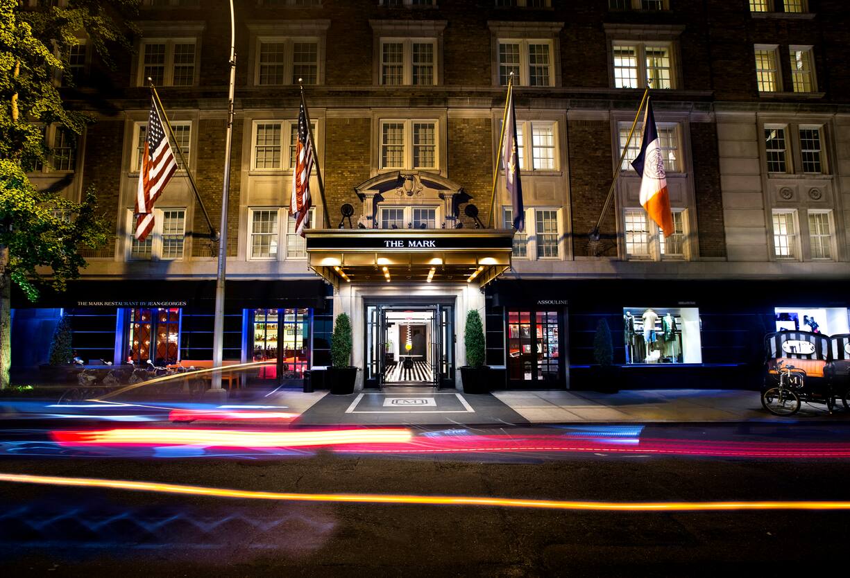 A street view of the atrium entrance of The Mark Hotel, NYC