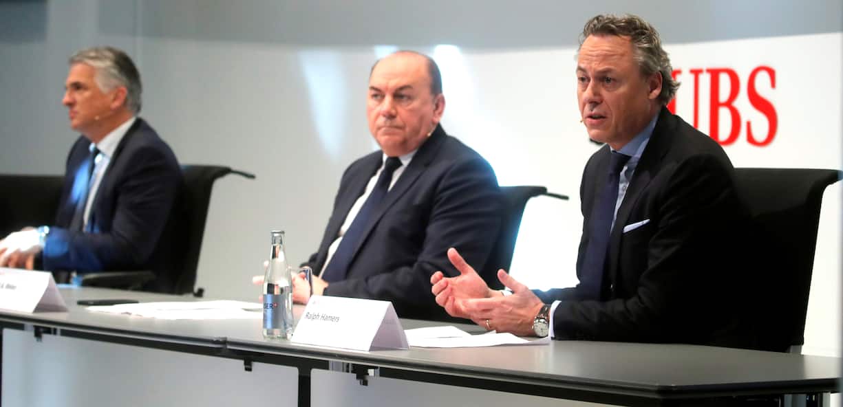 Swiss bank UBS CEO Sergio Ermotti, President Axel Weber and designated new CEO Ralph Hamers give a news conference in Zurich, Switzerland February 20, 2020. REUTERS/Arnd Wiegmann - RC2B4F98S6B0