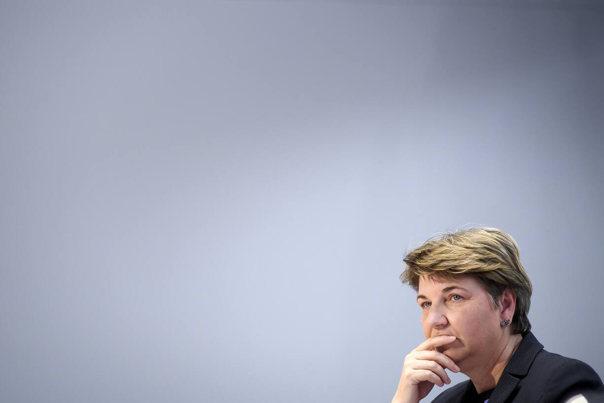 Swiss Federal councillor Viola Amherd briefs the media about the latest measures to fight the Covid-19 Coronavirus pandemic, in Bern, Switzerland, Monday, March 16, 2020.(KEYSTONE/Anthony Anex)