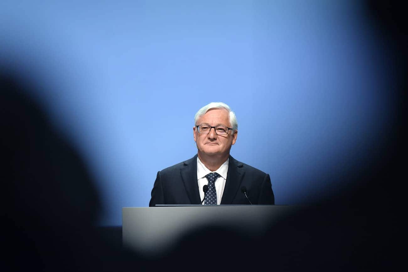 Peter R. Voser, Chairman and interim CEO of ABB Ltd., speaks during the company's annual shareholder meeting in Zurich, Switzerland, 02 May 2019. (KEYSTONE/Walter Bieri)