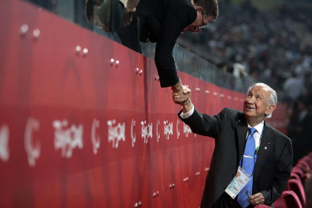 IOC President Juan Antonio Samaranch, right,  attends the Paralympic Games opening ceremony in Beijing, China, Saturday, Sept. 6, 2008. (AP Photo/ Elizabeth Dalziel)