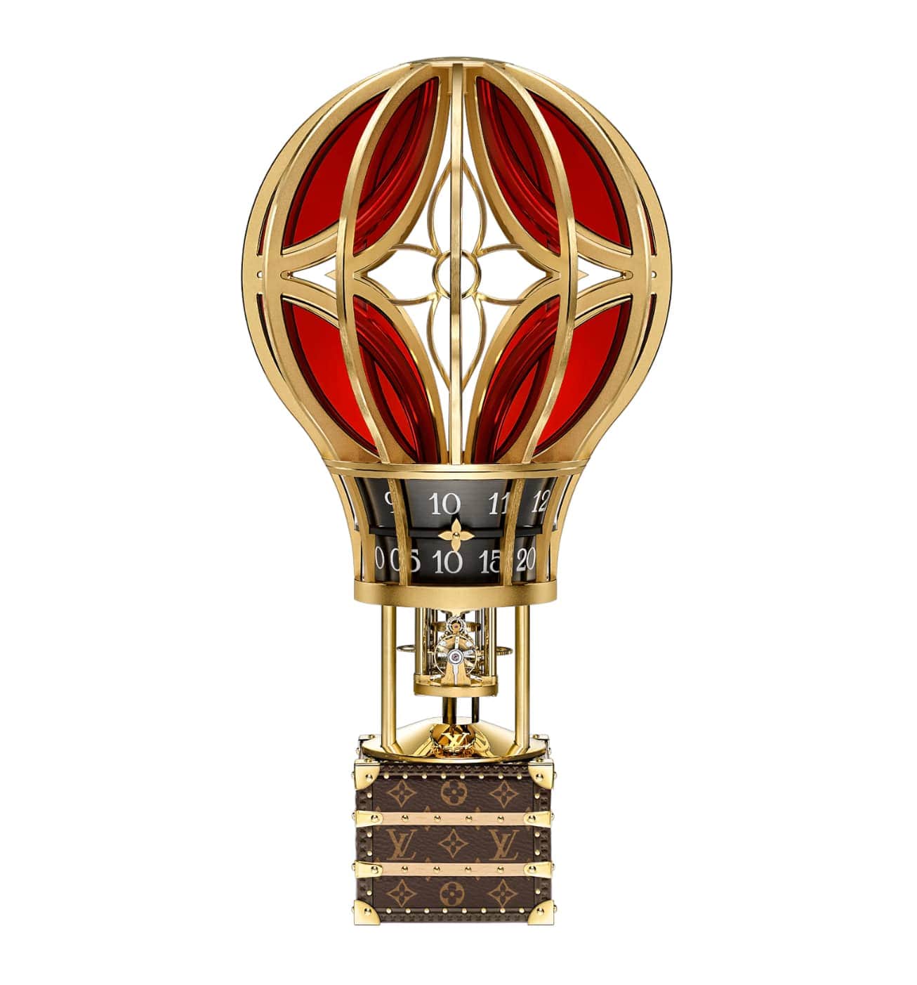 Tischuhr Montgolfière Aéro: Ein Heissluftballon transportiert den kleinsten jemals von Louis Vuitton gestalteten Koffer, in dem ein mechanisches Uhrwerk arbeitet.