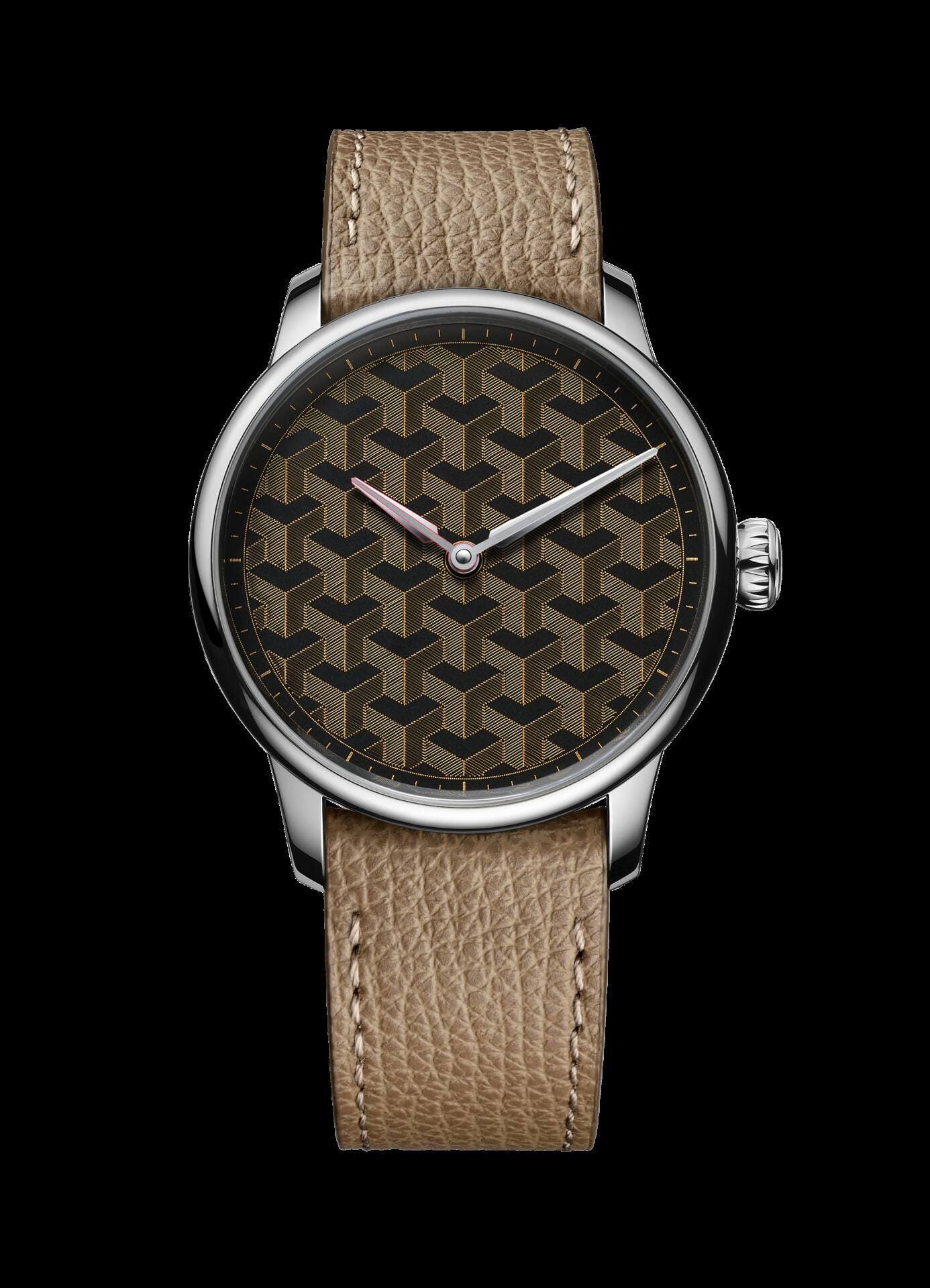 Ein geometrisches Muster aus feinen Golddrähten im Stil des niederländischen Künstlers Maurits Cornelis Escher ziert das Zifferblatt der Uhr Fil d’Or von Louis Erard.