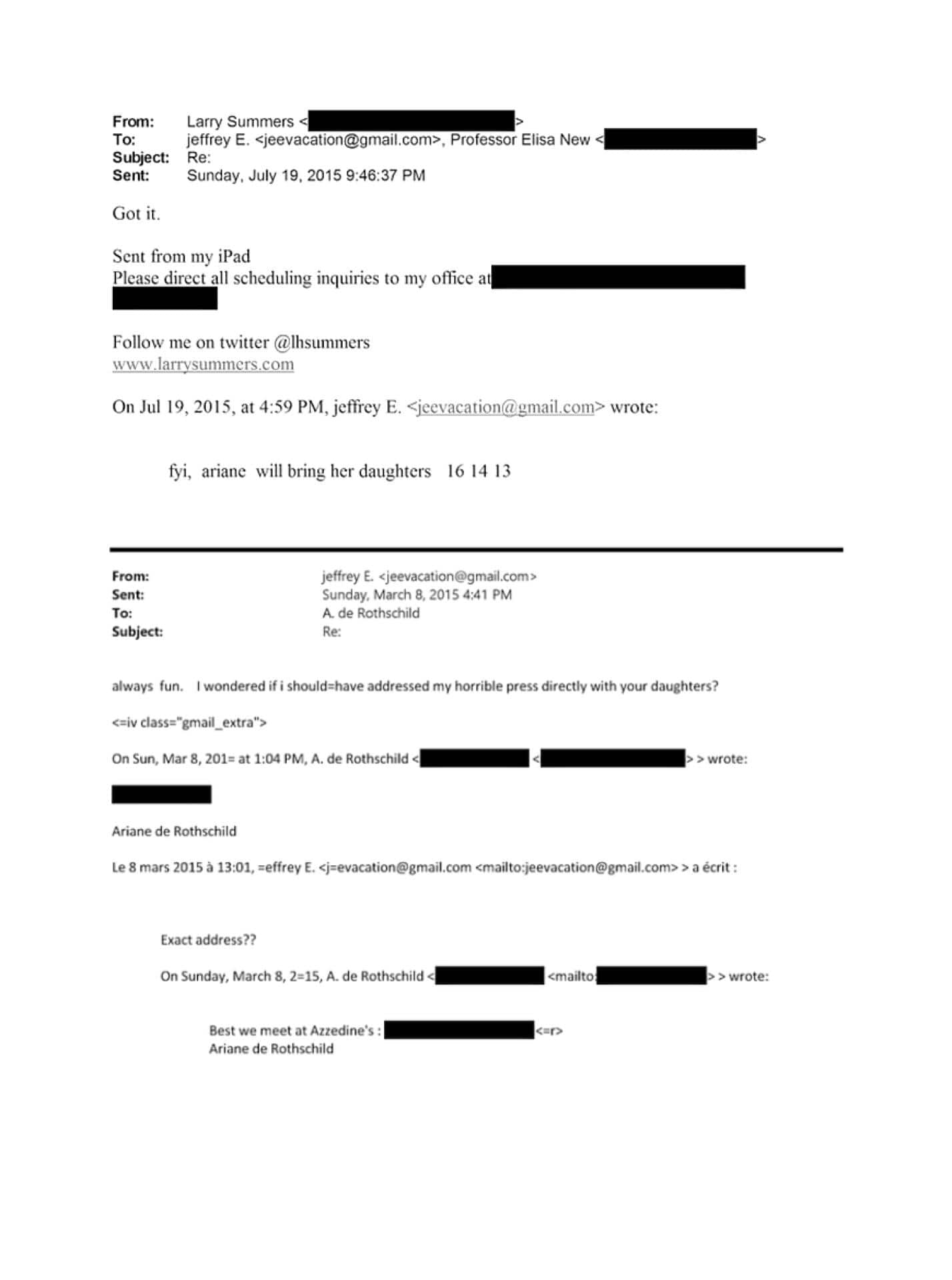 Im Austausch mit Ariane de Rothschild wies Jeffrey Epstein selber auf seine «schreckliche Presse» hin und fragte, ob er diese ihren Töchter gegenüber hätte ansprechen sollen.