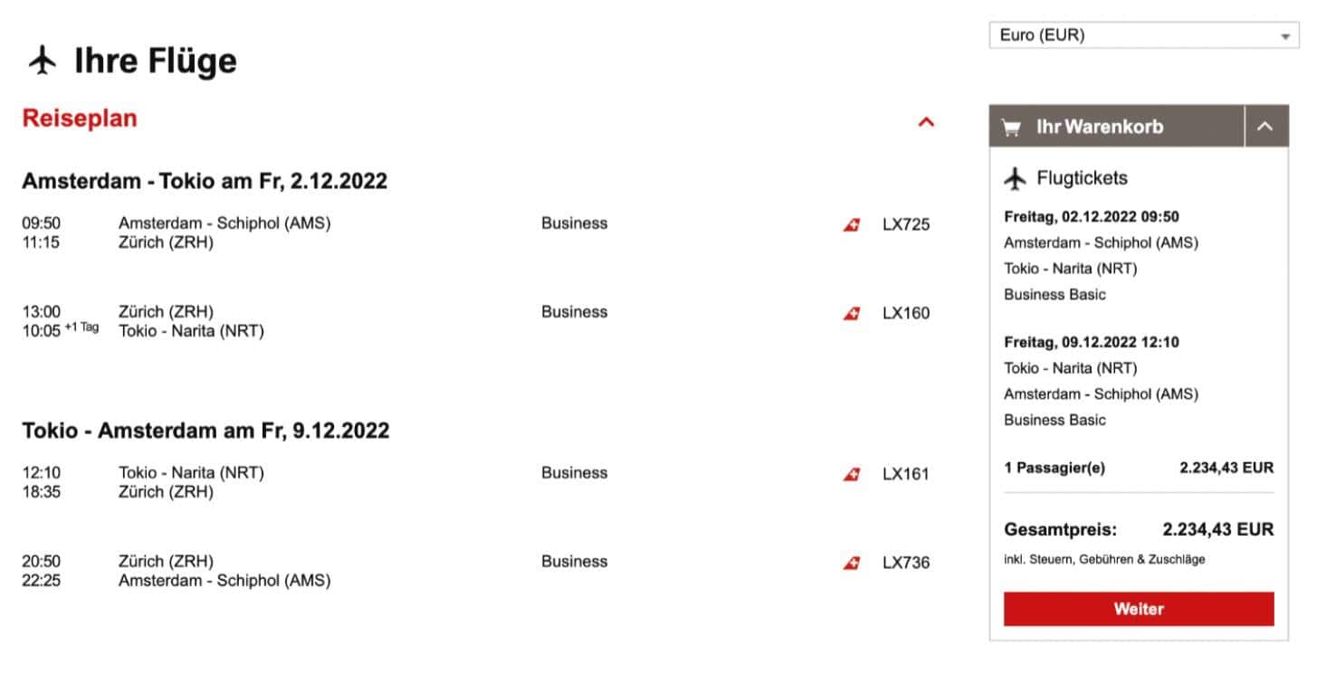 Flugbuchung Swiss Amsterdam- Tokio und zurück.