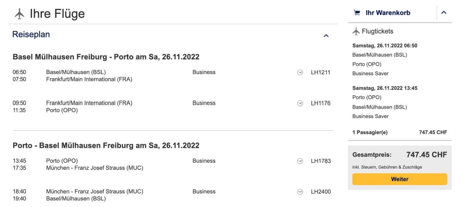 Flug Basel Mühlhausen nach Porto und zurück.