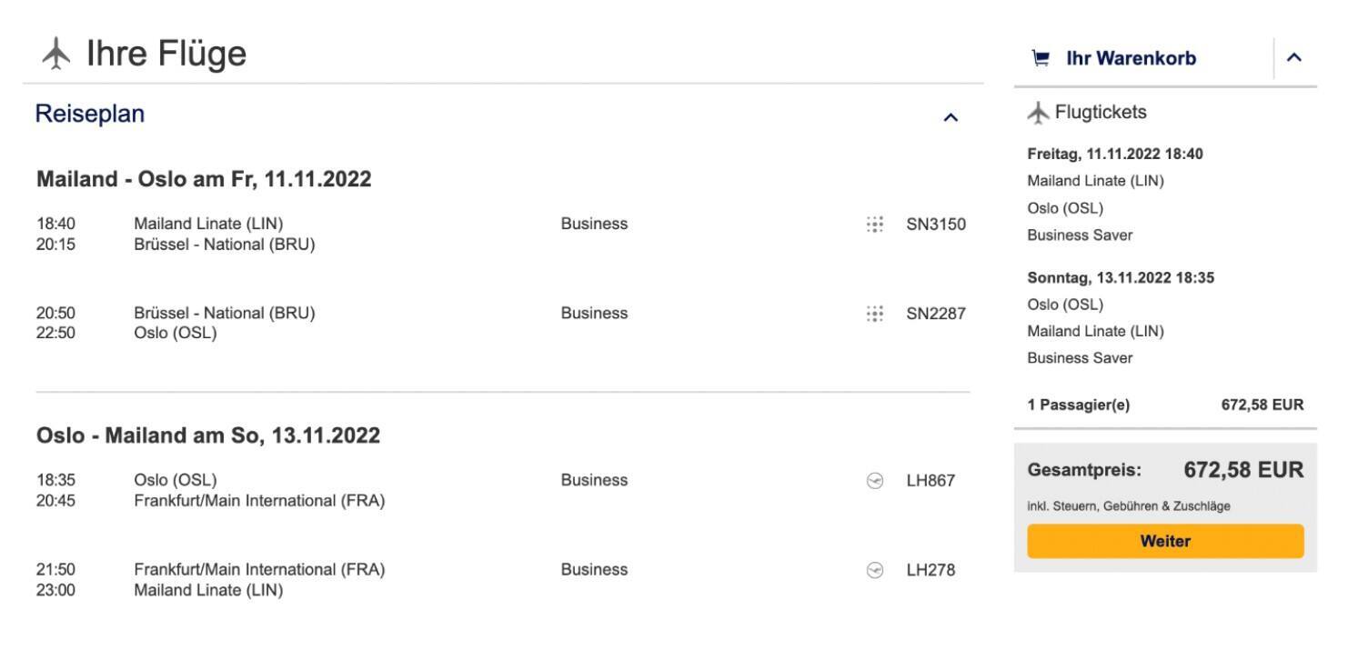 Mailand -Oslo Flug und zurück.