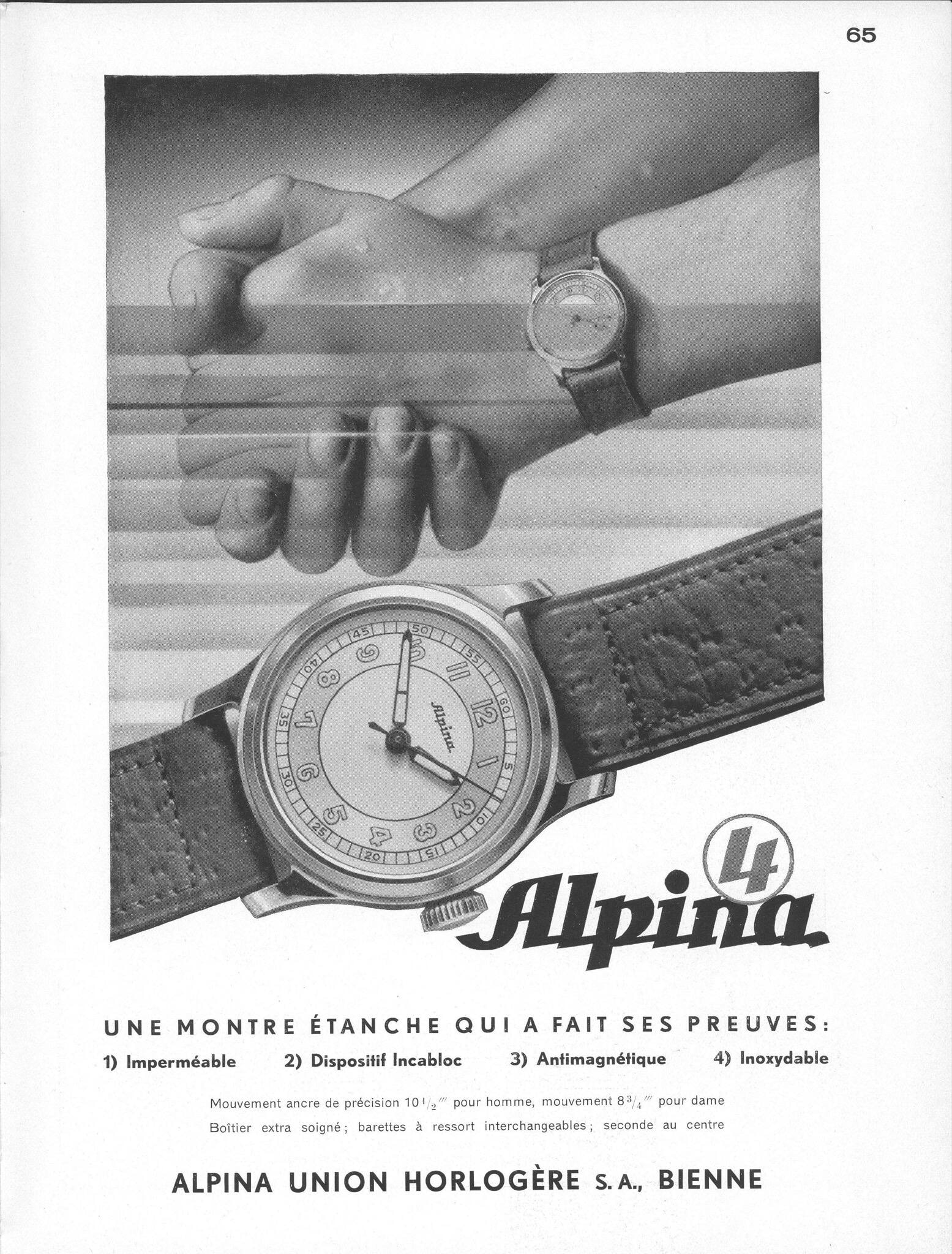 Ein Vintage-Plakat der Uhrenmarke Alpina, mit einem älteren Modell, dem Schriftzug und zwei Händen.