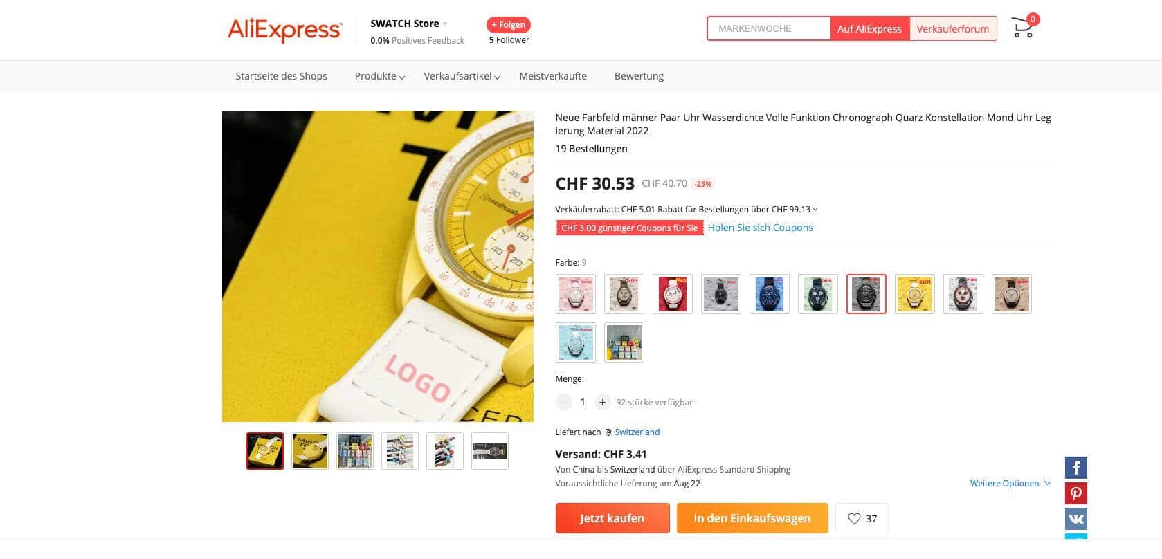 Auf Aliexpress sind gefälschte Moonswatch-Uhren in allen Farben und Modellen erhältlich