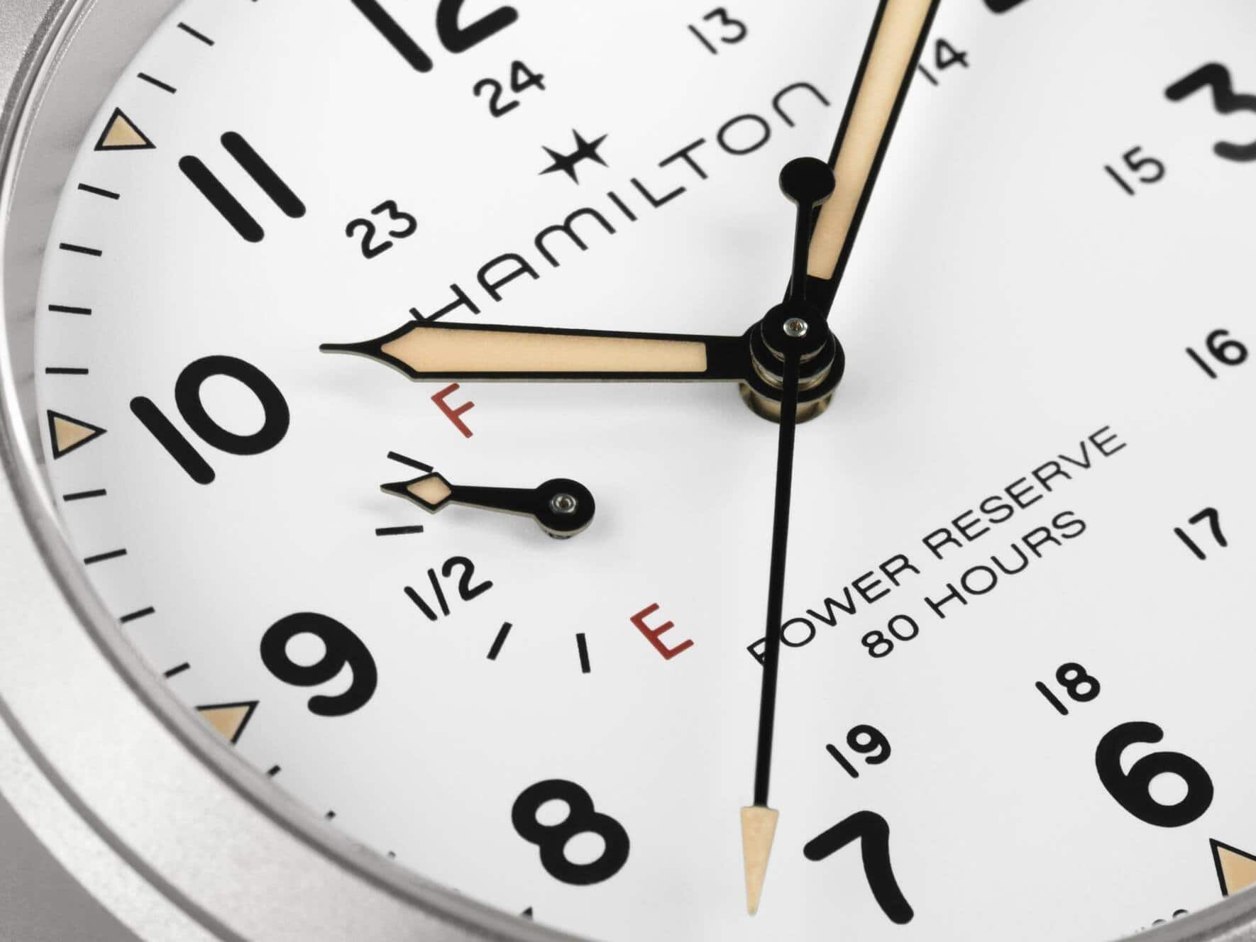 Die Gangreserveanzeige der Khaki Field Mechanical Power Reserve.