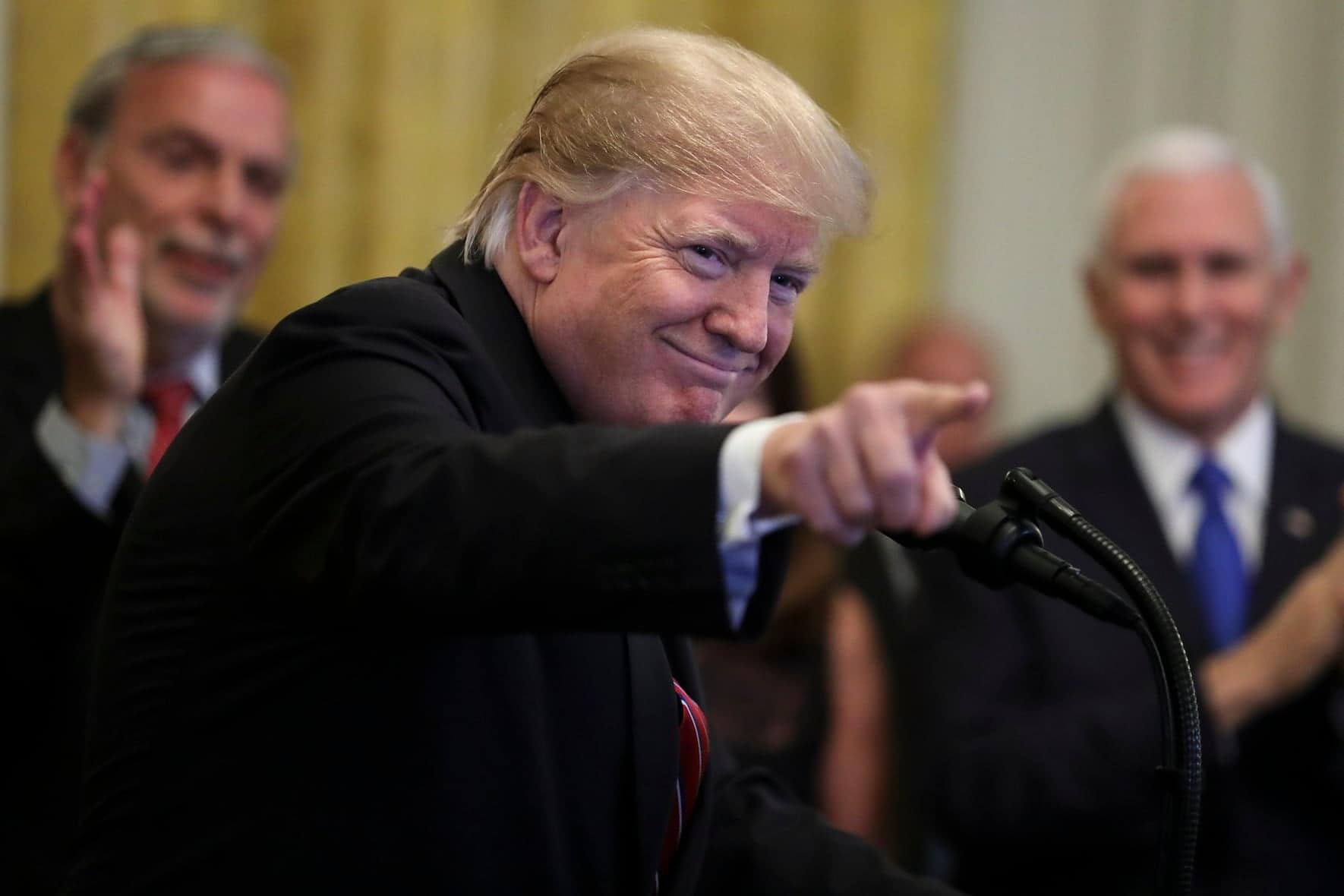 WASHINGTON, DC - DECEMBER 6: (AFP-OUT) President Donald Trump reacts as he speaks during a Hanukkah reception in the East Room of the White House on December 6, 2018 in Washington, DC. (Photo by Oliver Contreras-Pool/Getty Images)