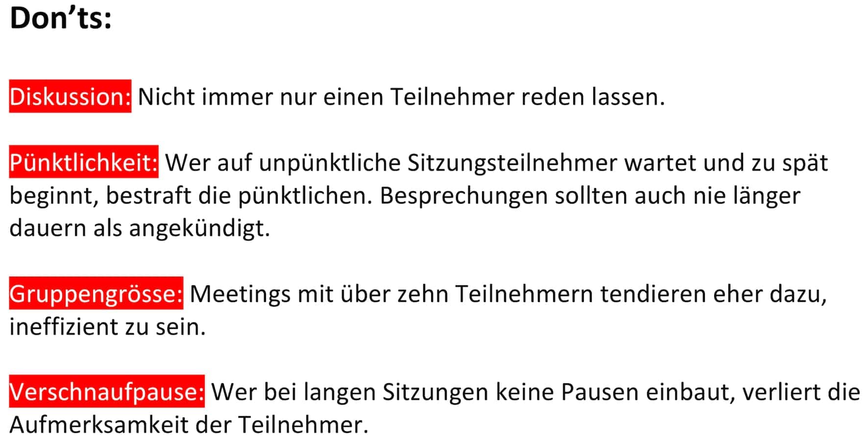 Meetings Sitzungsmanagement Don'ts