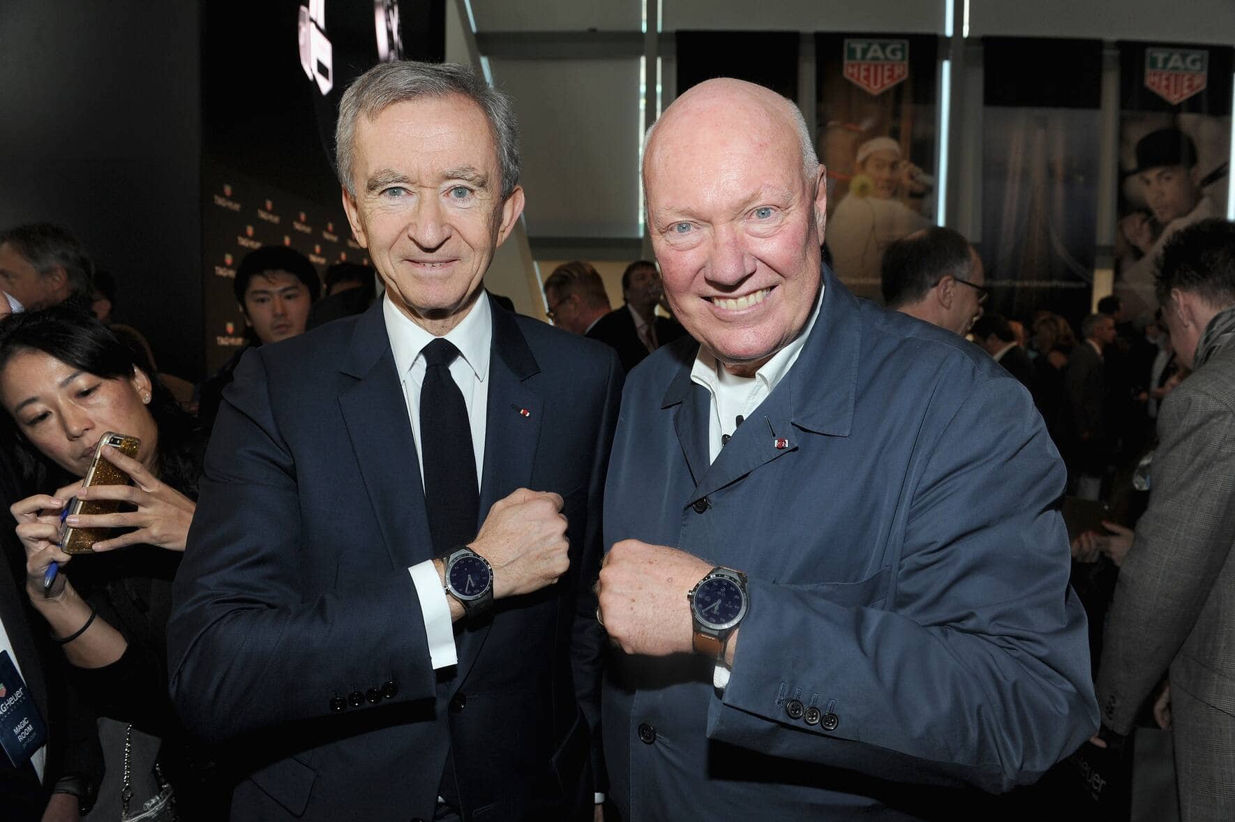 NEW YORK, NY - NOVEMBER 09:  Bernard Arnault and Jean-Claude Biver attend the TAG Heuer Connected Watch event on November 9, 2015 in New York City.  (Photo by Craig Barritt/Getty Images for Tag Heuer)