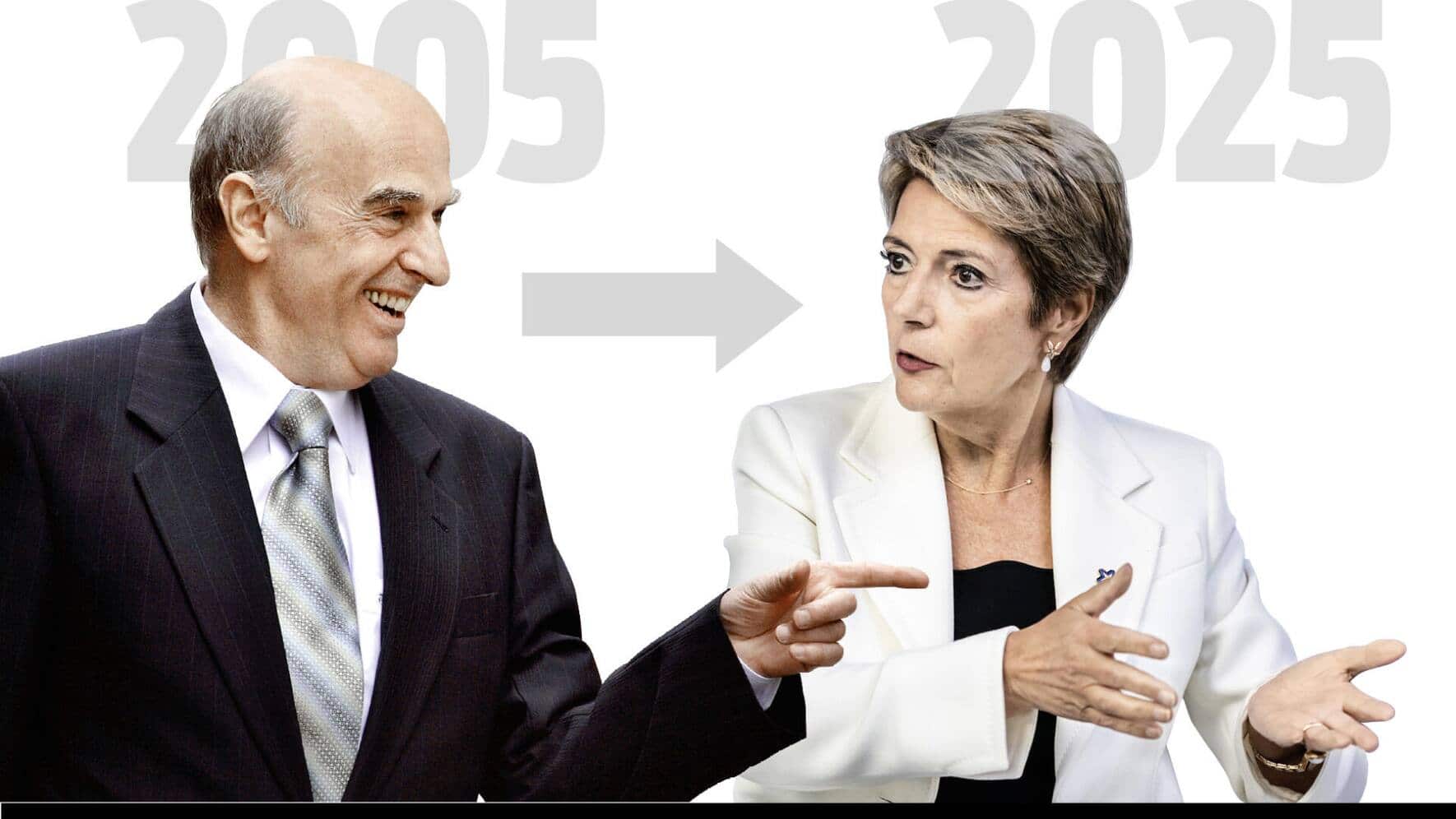 Finanzplatz 2005: Verteidiger vor zwei grossen ­Rettungsaktionen: FDP-Finanzminister Hans-Rudolf Merz zeigte sich stolz auf die Banken: «Wir haben zwei unter den Top Ten.»
Finanzplatz 2025: FDP-Finanzministerin Karin ­Keller-Sutter hält Distanz zu den Banken, deren Ruf durch Fabel-Saläre und Skandale stark gelitten hat. Die UBS liegt auf Platz 25.