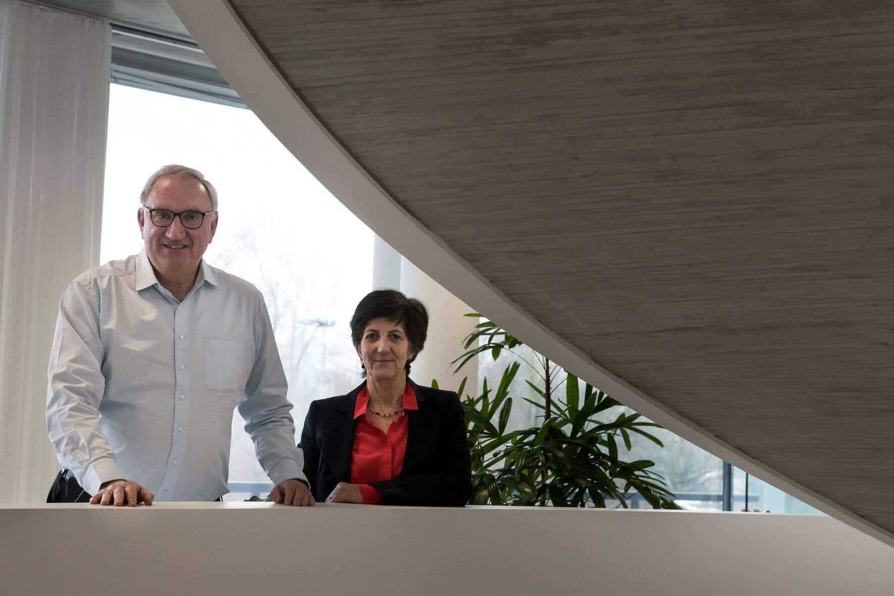 Idorsia pharmaceutical Chief Executive Officer (CEO) Jean-Paul Clozel (L) and Martine Clozel (R), Chief Scientific Officer (CSO) and Executive vice-president, pose at the Idorsia pharmaceutical headquarters in Allschwil, Switzerland on January 10, 2019. (Photo by SEBASTIEN BOZON / AFP)        (Photo credit should read SEBASTIEN BOZON/AFP/Getty Images)