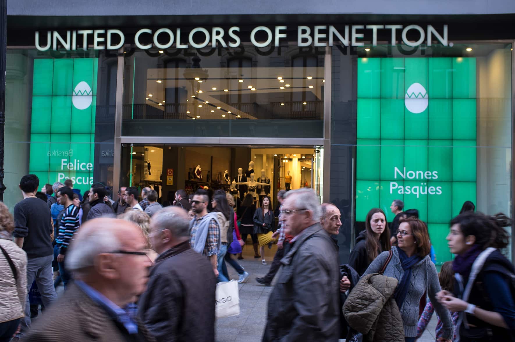 A United Colors of Benetton store in downtown Barcelona, Catalonia, Spain, 30 March 2013. Benetton Group S.p.A. is a global fashion brand, based in Treviso, Italy. The name comes from the Benetton family who founded the company in 1965. Benetton Group is listed in Milan. and has a network of over 6,500 stores in 120 countries. The stores are managed by independent partners and generate a total turnover of over 2 billion euros. (Photo by Horacio Villalobos/Corbis via Getty Images)