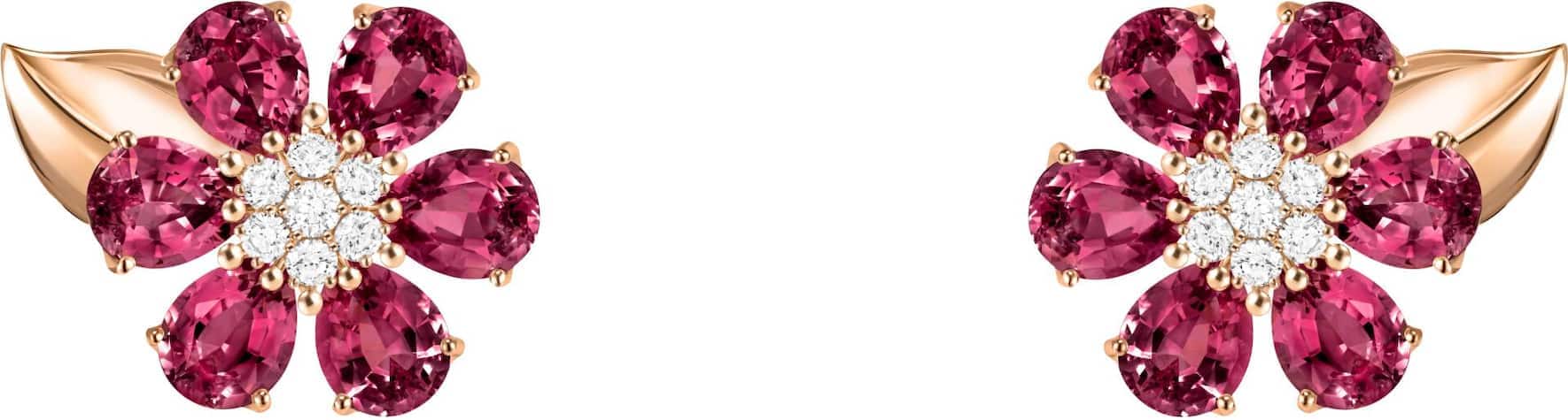 Ohrringe der Kollektion «Fleurs d’Hawaï» in Roségold mit Diamanten und Rhodolith. 25’100 Franken.