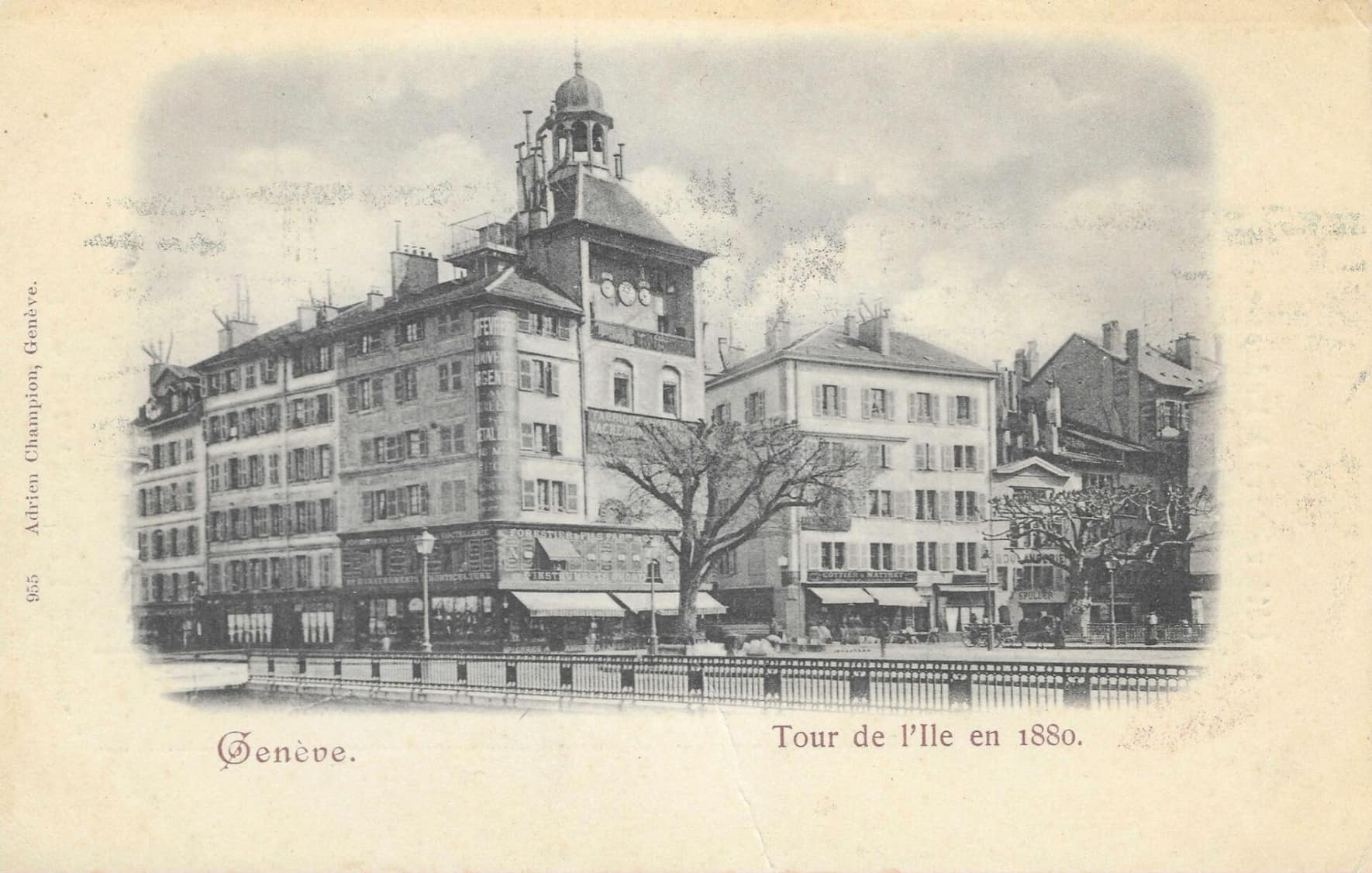 Die Genfer Tour de l’Île 1880 mit den drei Zifferblättern: in der Mitte die Genfer Lokalzeit, rechts die Berner Zeit, nach der sich die Schweizer Eisenbahn richtete, links die Pariser Zeit, nach der die französischen Züge verkehrten.