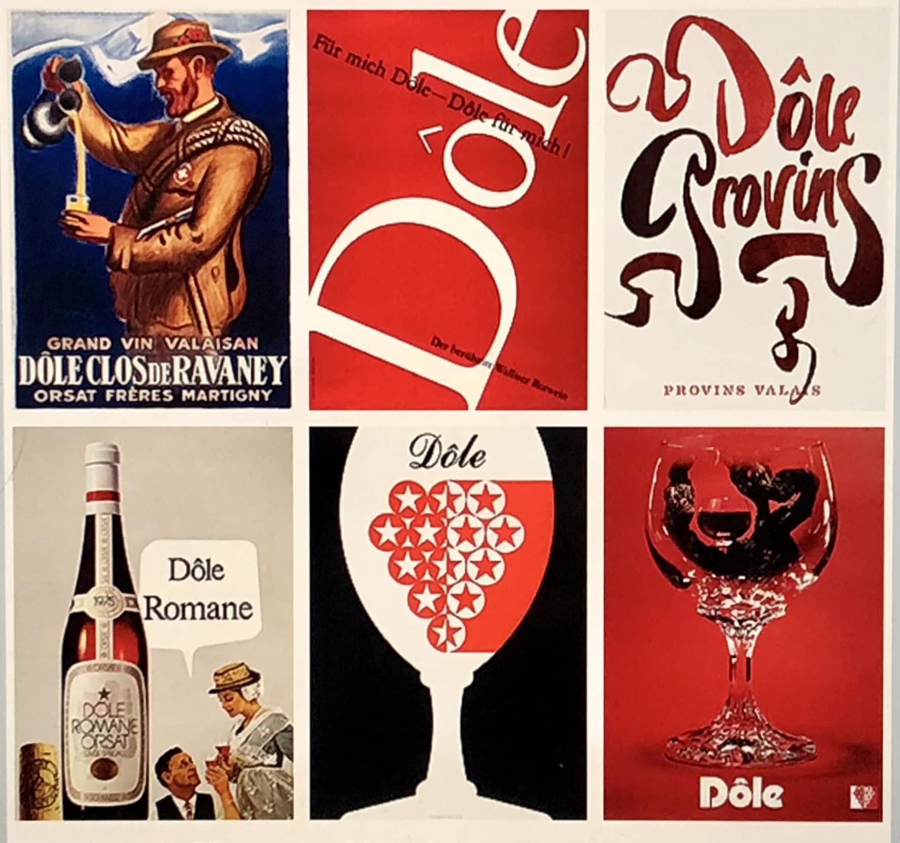 Serie von alten Werbeplakaten für den Walliser Dôle.