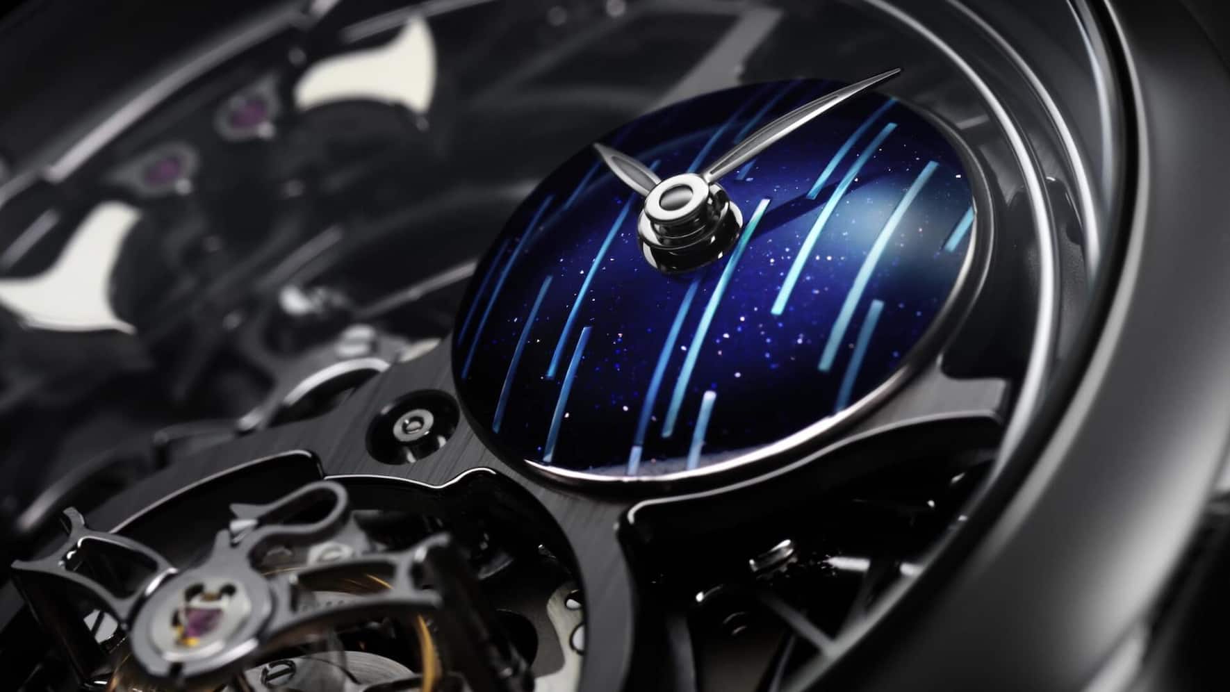 In der Endeavour-Minutenrepetition «Cosmic Rain» kombiniert H. Moser & Cie. ein Aventurin-Zifferblatt mit gewölbten Perlmutt-Streifen.