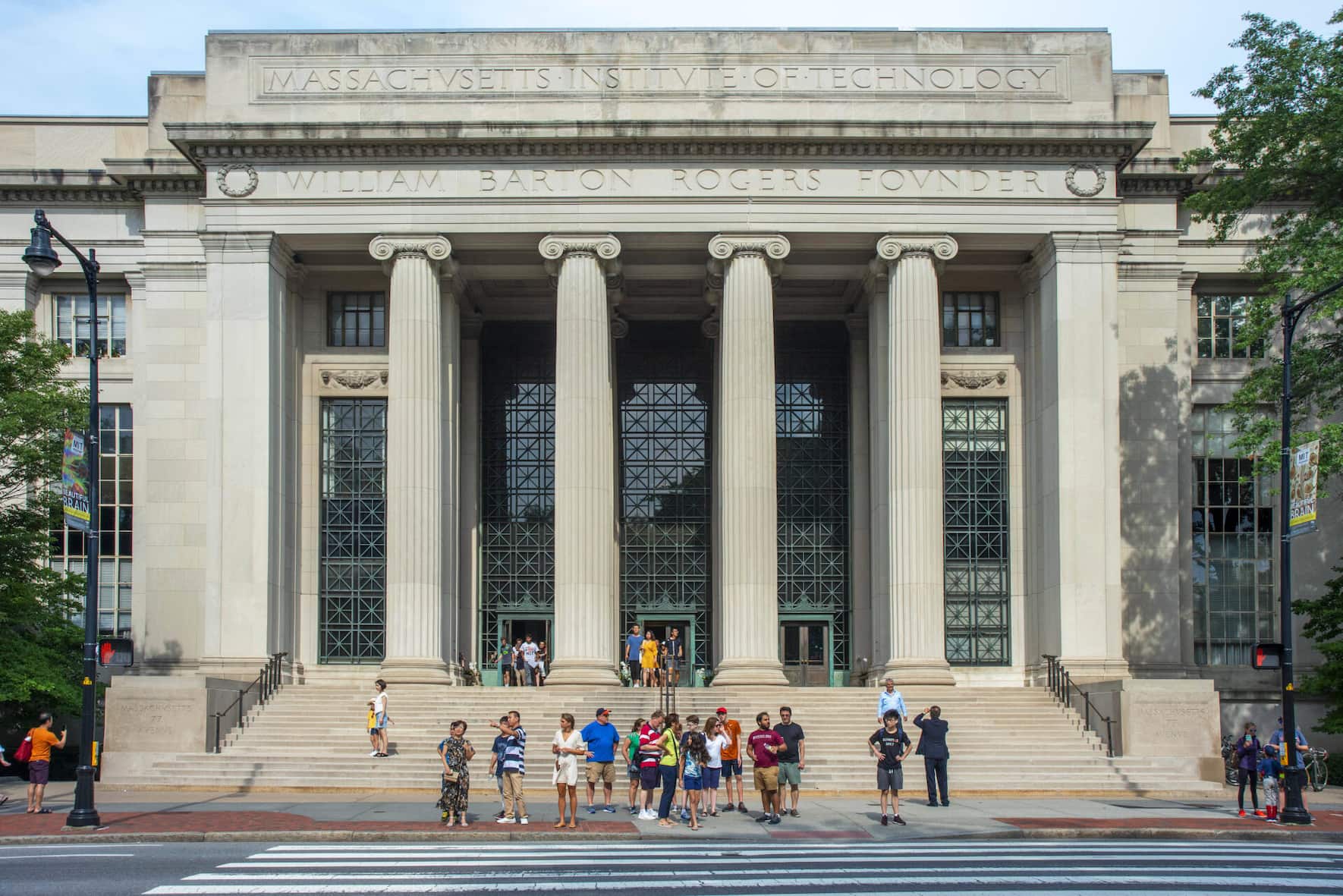 Neoclassical architecture columns and stairs to the entrance of the Massachusetts Institute of Technology in Cambridge,