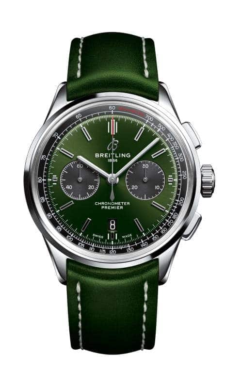 Premier B01 Chronograph 42 Bentley British Racing Green with a British racing green leather strap