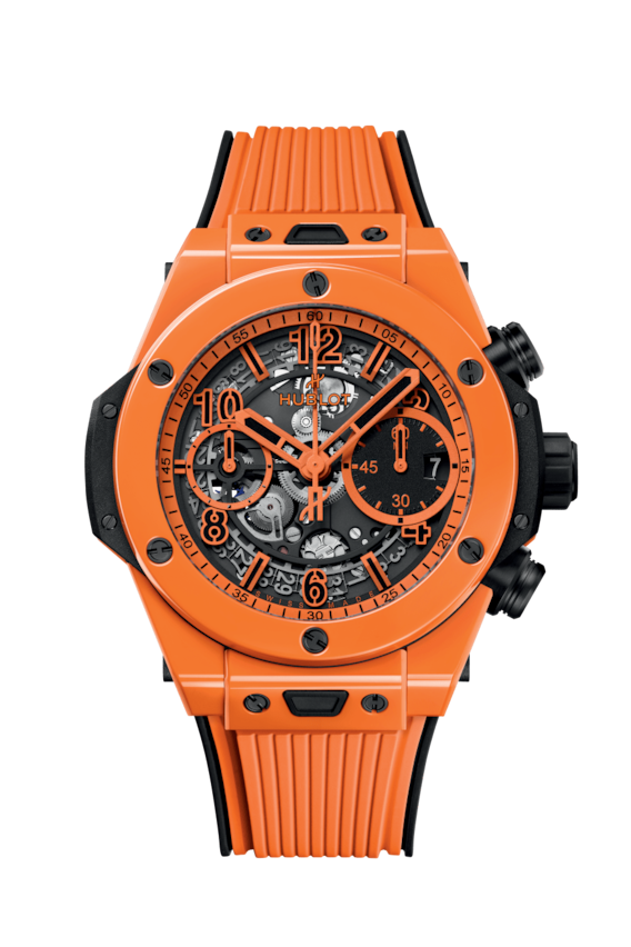 Hublot Big Bang Unico Orange Ceramic Allein die Farbe macht diesen Zeitmesser zum Hingucker: Knallorange. Das 42-mm-Gehäuse ist aus unverwüstlicher Hightech-Keramik gemacht und hochglanz­poliert. Das ebenfalls orange Band ist Hublot-typisch aus Kautschuk. 26 900 Fr.