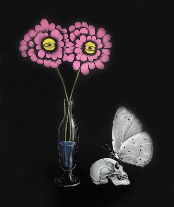 Paradoxien und surreale Momente: «Nature (presque) morte», 2025; Farbstift auf Papier; 102,5 × 86,5 cm.