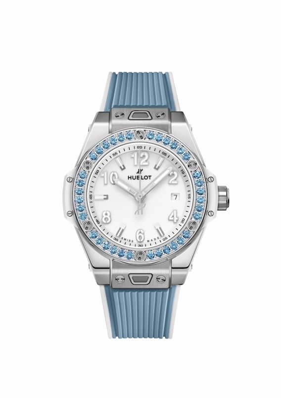 Big Bang One Click Joyful, 33-mm-Edelstahlgehäuse, Automatikkaliber, Lünette mit 36 blauen Saphiren; Preis 12900 Fr.