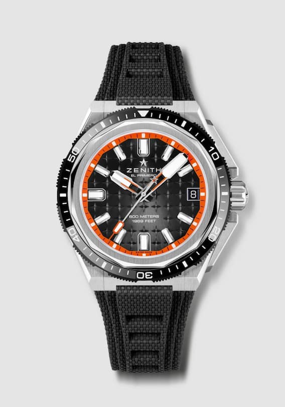 Zenith Defy Extreme Diver Das legendäre El-Primero-Kaliber ist eingehaust in ein kantiges 42,5-mm-Titangehäuse. Dank Heliumventil fürs Auftauchen kann die Uhr bis auf 600 Meter Tiefe mit. 10 900 Fr.
