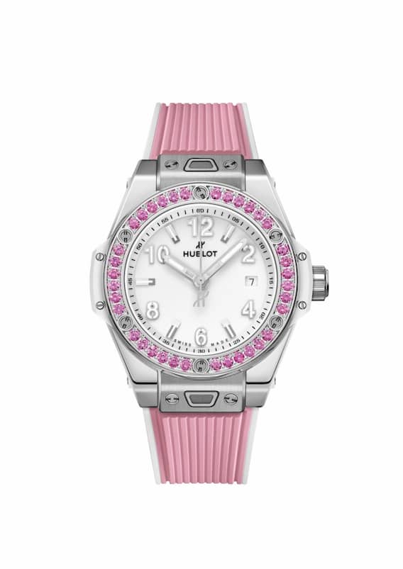 Big Bang One Click Joyful, 33-mm-Edelstahlgehäuse, Automatikkaliber, Lünette mit 36 pinken Saphiren; Preis 12900 Fr.
