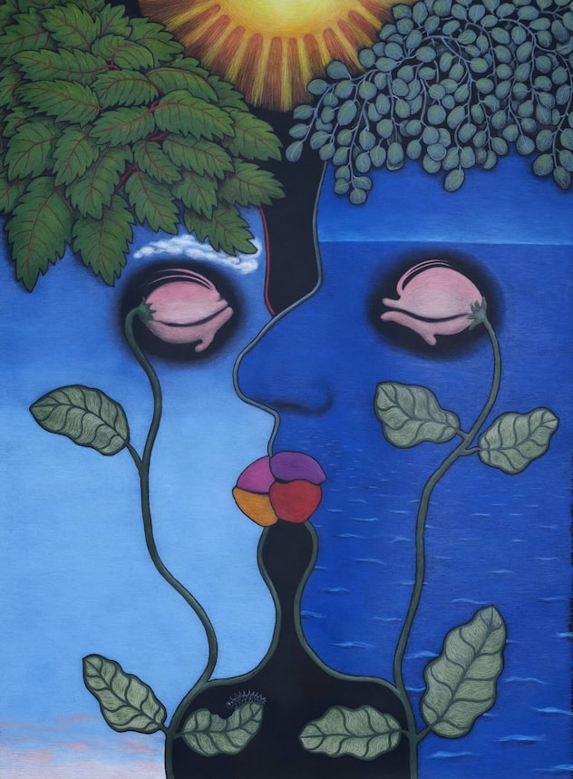 Perspektiven für eine fluidere Realität: «Kuss», 2024; Farbstift auf Papier; 148 × 109 cm.