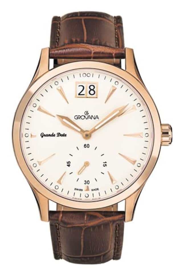 Grovana - Grossmacht: Grande Date
Die Marke aus Tenniken BL setzt ganz aufs Wesentliche und besticht durch elegante Einfachheit mit einem Grossdatum bei der 12 und Kleiner Sekunde bei der 6. Die beiden nützlichen Funktionen sind perfekt ablesbar. Index und Zeiger sind facettiert und liefern mit ihrem goldenen Kleid subtile Kontraste, wozu auch die beeindruckend reinen Linien des Gehäuses bestens passen.
Preis: 419 Franken