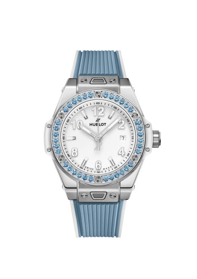 Big Bang One Click Joyful, 33-mm-Edelstahlgehäuse, Automatikkaliber, Lünette mit 36 blauen Saphiren; Preis 12900 Fr.