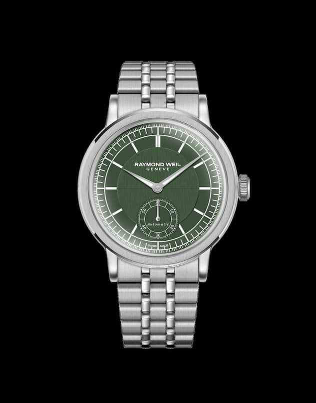 Raymond Weil Millesime Dieser Zeitmesser mit kleiner Sekunde auf dem Zifferblatt in «British Racing Green» und 39,5-mm-Stahlgehäuse widerspiegelt vom Style bis zum Preis die Uhrenmarke selbst: hochwertig und bodenständig, selbstbewusst und leise, zeitgeistig und unabhängig.  1995 Fr.