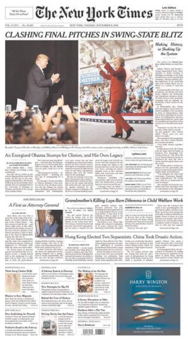 The New York Times: In Etwa: «Die rasende Tour durch die Swing States mit ihren gegensätzlichen, letzten Appellen»