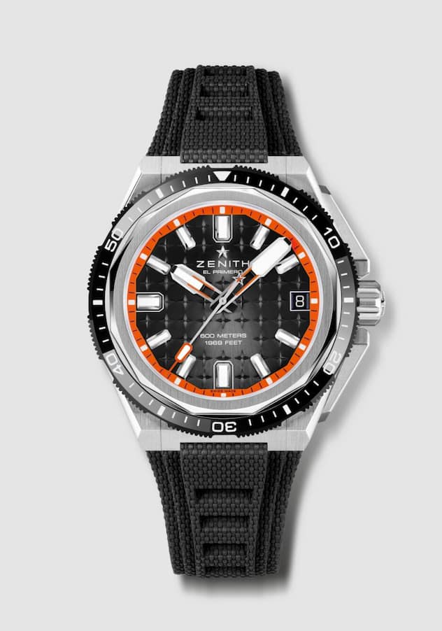 Zenith Defy Extreme Diver Das legendäre El-Primero-Kaliber ist eingehaust in ein kantiges 42,5-mm-Titangehäuse. Dank Heliumventil fürs Auftauchen kann die Uhr bis auf 600 Meter Tiefe mit. 10 900 Fr.