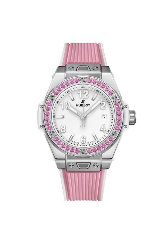 Big Bang One Click Joyful, 33-mm-Edelstahlgehäuse, Automatikkaliber, Lünette mit 36 pinken Saphiren; Preis 12900 Fr.