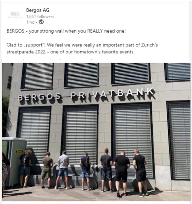 <p>An der Street Parade erleichtern sich ein paar Raver an der Bankfassade. Die Bank postet das Bild selber auf LinkedIn.</p>