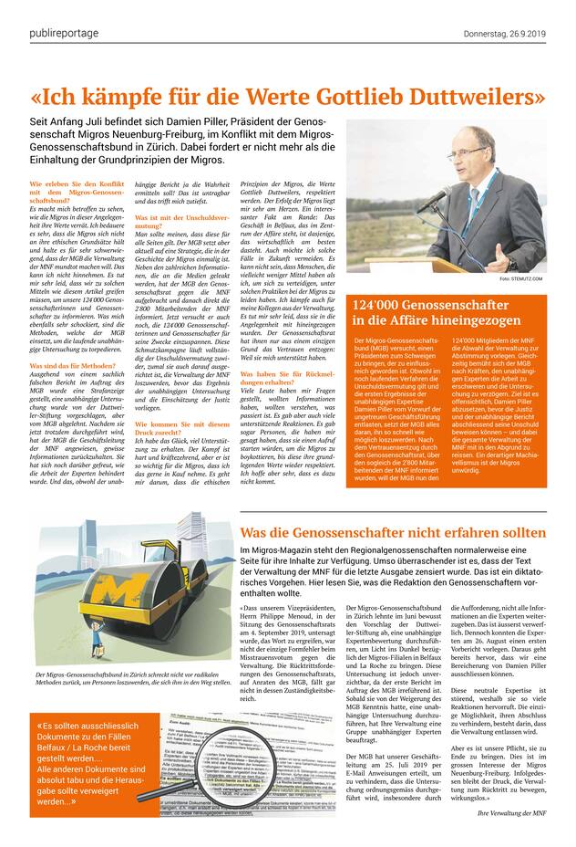 Ein Inserat in den «Freiburger Nachrichten», in dem sich Piller als Verfechter der Werte von Gottlieb Duttweiler inszeniert.