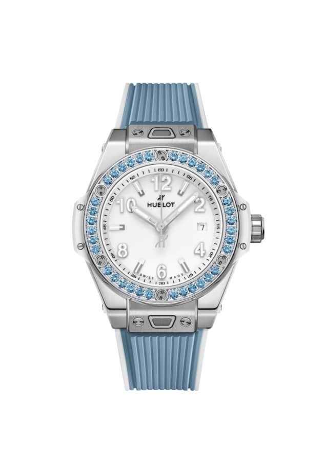 <p>Big Bang One Click Joyful, 33-mm-Edelstahlgehäuse, Automatikkaliber, Lünette mit 36 blauen Saphiren; Preis 12900 Fr.</p>