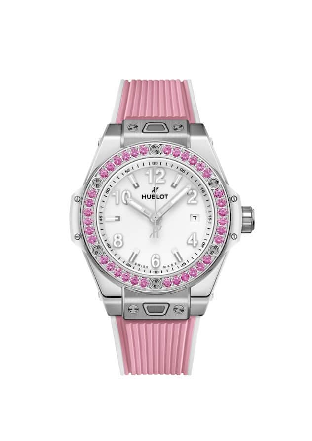 <p>Big Bang One Click Joyful, 33-mm-Edelstahlgehäuse, Automatikkaliber, Lünette mit 36 pinken Saphiren; Preis 12900 Fr.</p>