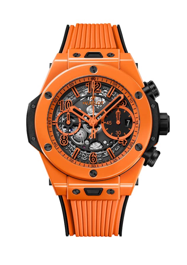 Mehr Tragekomfort: Die neue Big Bang Unico Orange Ceramic von Hublot kommt mit einem unterfütterten Kautschukband.