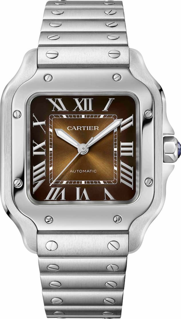 Multi­optional: Die neue Santos von Cartier kann dank Bandwechselsystem je nach Lust und Laune mit Kautschuk-, Leder- oder ­Metallarmband getragen werden.