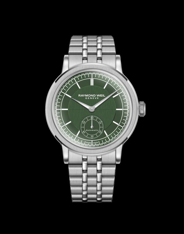 Raymond Weil Millesime Dieser Zeitmesser mit kleiner Sekunde auf dem Zifferblatt in «British Racing Green» und 39,5-mm-Stahlgehäuse widerspiegelt vom Style bis zum Preis die Uhrenmarke selbst: hochwertig und bodenständig, selbstbewusst und leise, zeitgeistig und unabhängig. 1995 Fr.