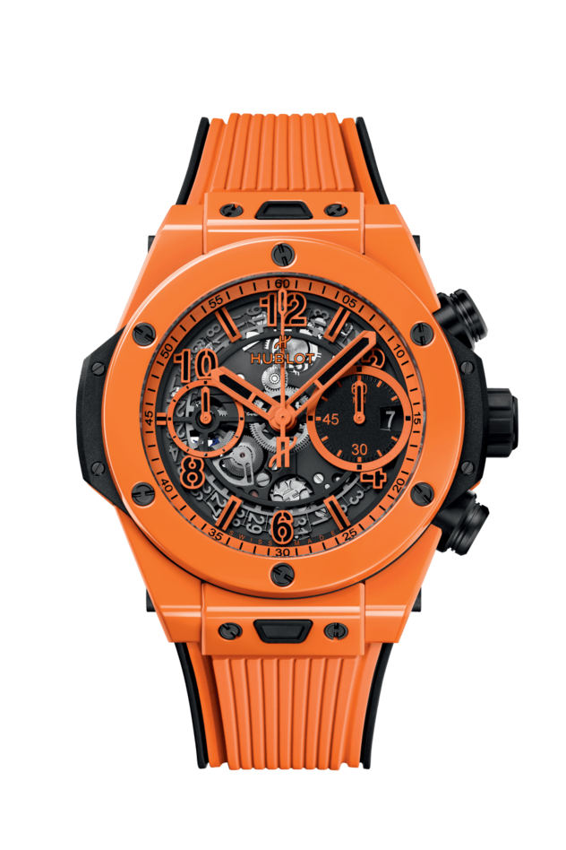 Hublot Big Bang Unico Orange Ceramic Allein die Farbe macht diesen Zeitmesser zum Hingucker: Knallorange. Das 42-mm-Gehäuse ist aus unverwüstlicher Hightech-Keramik gemacht und hochglanzpoliert. Das ebenfalls orange Band ist Hublot-typisch aus Kautschuk. 26 900 Fr.