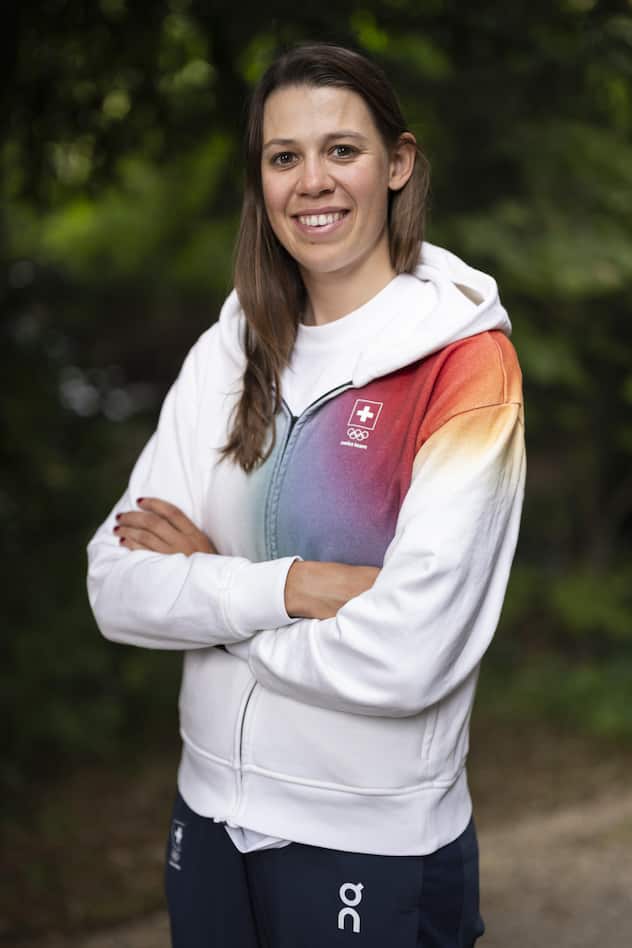 Swiss mountainbiker athlete Alessandra Keller poses at the Maison Suisse during a press conference, prior to the 2024 Paris Summer Olympics in Paris, France, Thursday, July 25, 2024. (KEYSTONE/Anthony Anex)